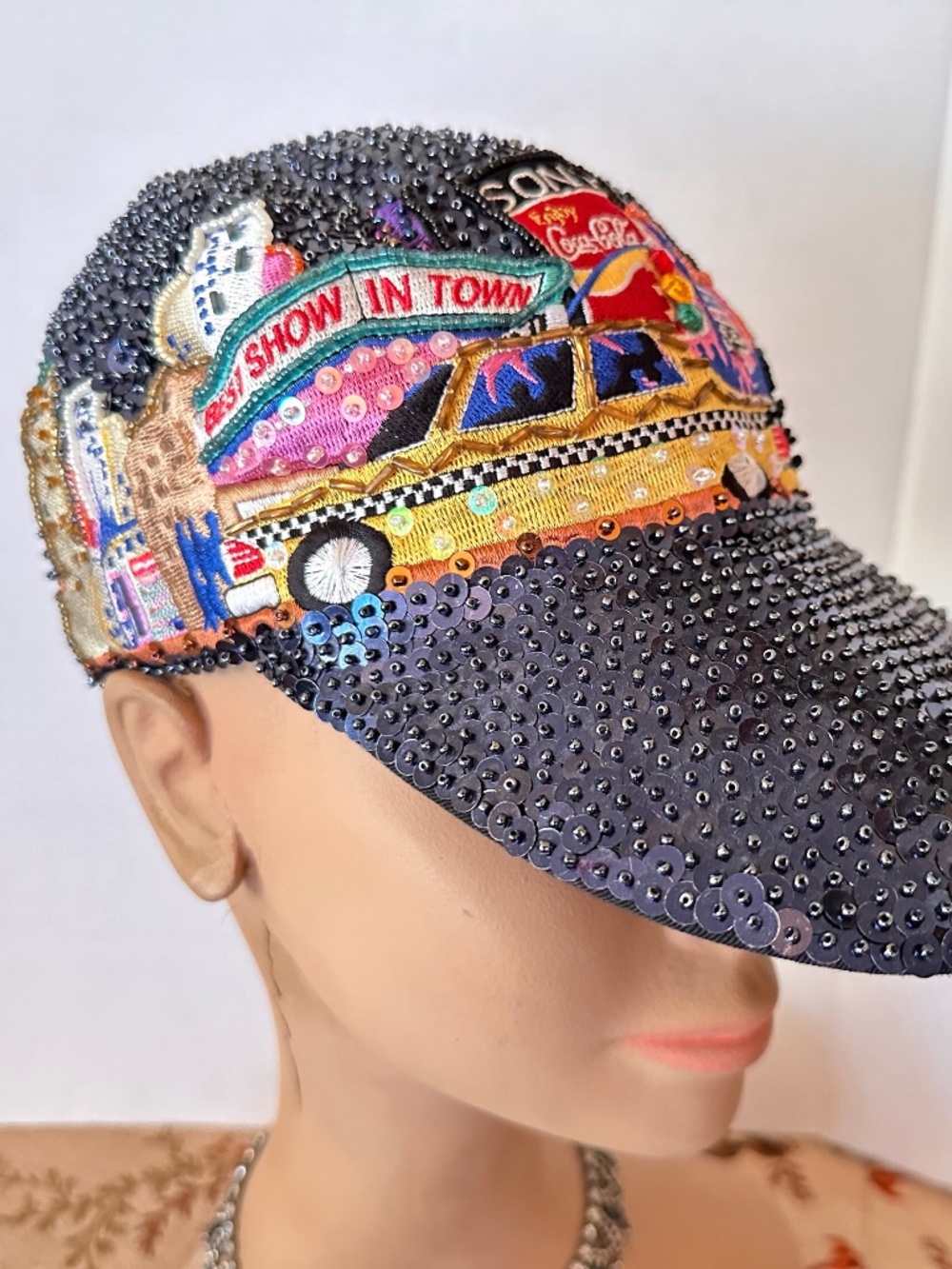 Vintage NEW York CITY Sequin Base Ball CAP Hat : 1980s Times Square Souvenir